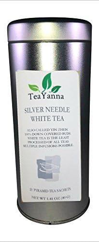 teaYanna Organic Silver Needle White Tea - Loose Tea in 20 Bio Degradable Pyramid Sacets 1.41 oz Tin