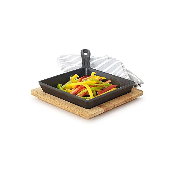 Essenso Enameled Mini Cast Iron Square Grill Pan - 6" Individual Size, Single Serving, Camping, Grilling, Side Dish, Desserts, Tapas with Wooden Trivet Tray - Image 3