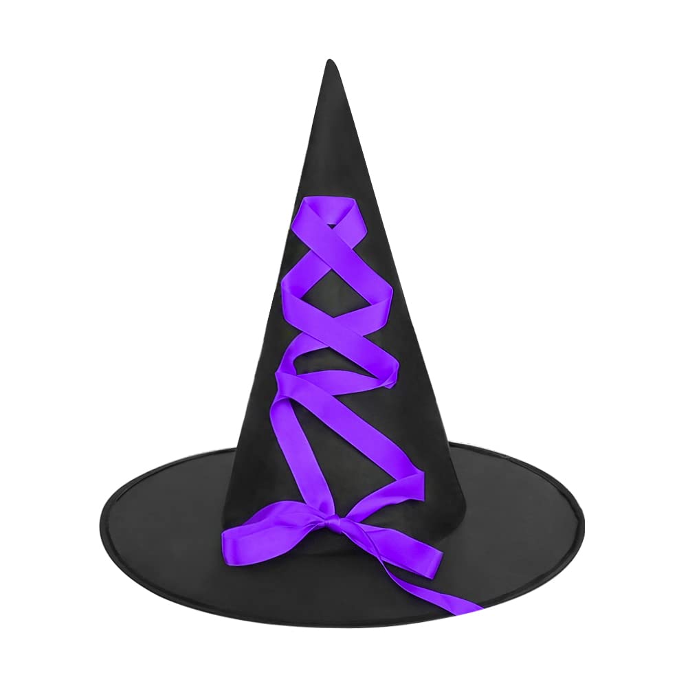 ITODA 2PCS Halloween Witch Hat Pointed Wizard Hat with Crossed Ribbon Bows Witch Cosplay Party Headwear Fancy Dress Witches Costume Accessories for Adults Purple