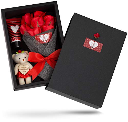 Valentine's Bath and Body Gift Baskets for Women, Spa Bath Gift Basket - Lovely Red Rose & Jasmine Scent - Plant Essential Oil, with Floral Bouqet of Soaps, Hand Lotion & Valentine Cuddly Stuffed Bear Valentine's Bath and Body Gift Baskets for Women, Spa Bath Gift Basket - Lovely Red Rose & Jasmine Scent - Plant Essential Oil, with Floral Bouqet of Soaps, Hand Lotion & Valentine Cuddly Stuffed Bear