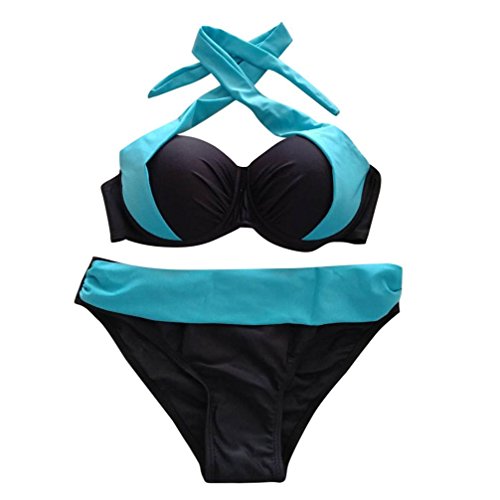 ManxiVoo Women Push up Padded Bra Bikini Set Low Waist Halter Tops Swimsuit Vintage Ruched Bathing Suits (S, Light Blue) - Thumbnail 4