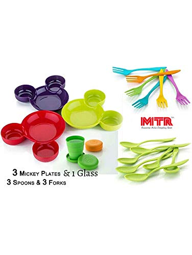 mantra Unbreakable Mickey Shaped Kids/Snack Serving Plate (Assorted Colors) (Pack of 9 pcs palte, 9-pcs Spoon and 9 pcs-Fork and 3 pcs- Glass)