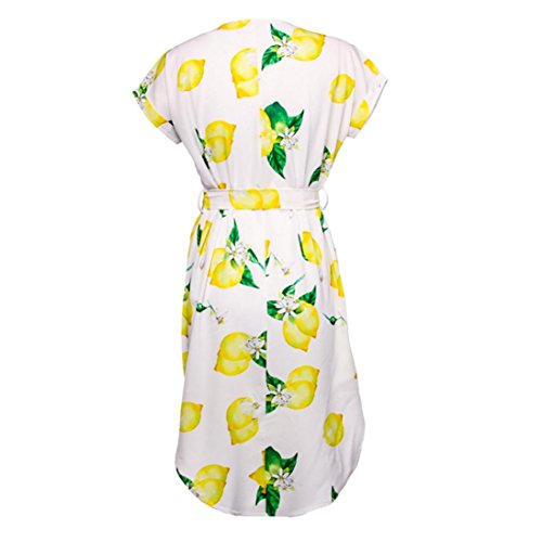 Women Sundress,Summer Short Sleeve V Neck Lemon Print Belted Midi Dresses Side Split (L, White)