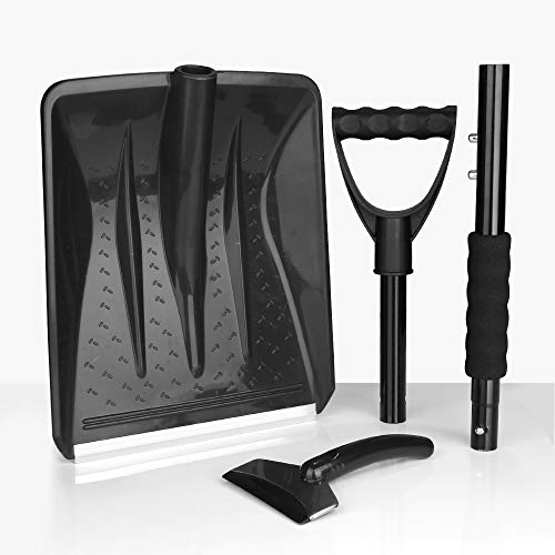 IPSXP Snow Shovel,Detachable Plastic Snow Shovel with Stainless Steel Pole and Aluminum Edged Wide Blade Shovel, Perfect for Car Driveway, Camping and Outdoor Emergency (Black)