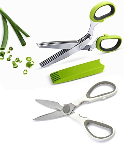 Kitchen Shears Herb Scissors Multipurpose Stainless Kitchen 5 Blades Steel With Cleaning Cover, Soft Grip Rubber Handles and Nylon Pouch