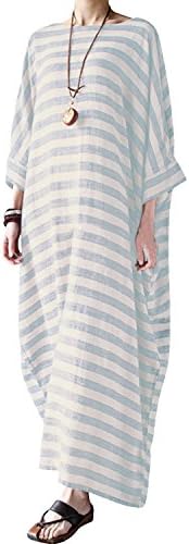 Bohistyle Women Plus Size Striped Batwing Linen Cotton Loose Kaftan Casual Dress LightBLue 2XL