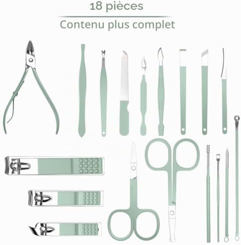 Kit Manucre Pedicure, 18pcs Coupe Ongle Professionnel Set Coupe Cuticule Acier Inoxydable, Trousse Manucure Pedicure avec Exquis La Boîte pour Voyage et à la Maison (Vert)