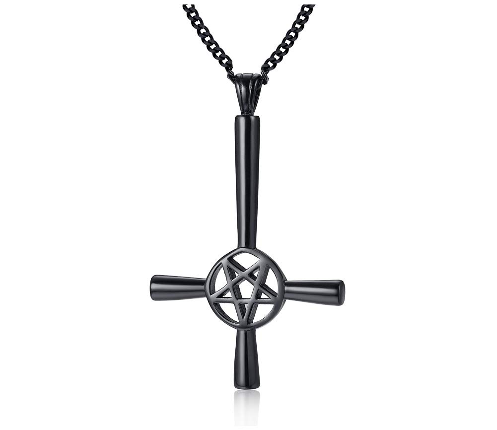 XUANPAI Men Stainless Steel Christian Satanic Pendant Gothic Inverted Cross Pentacle Pentagram Upside Down Necklace Black