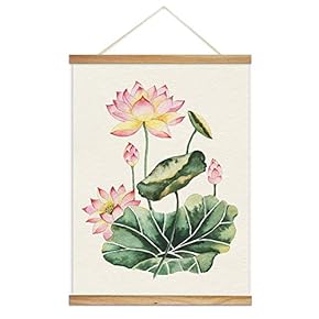 Hanging Poster with Wood Frames - Watercolor Style Lotus Flowers and Leaves - Ready to Hang Decorative Wall Art - 18"x24"