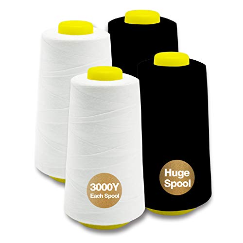 White Black Serger Thread, All-Purpose Thread for Sewing, Polyester, 4 Cones of 3000 Yards Each Spool for Sewing Machine