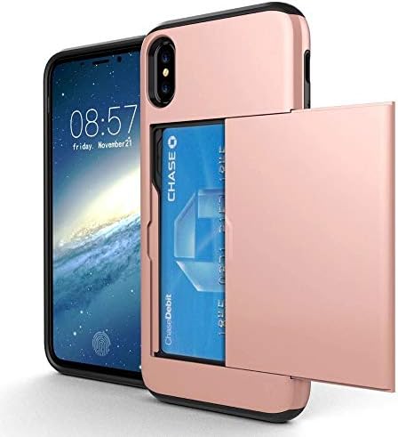OMD iPhone X Case, iPhone Xs Case, [Double Card Holder Slot] ShockProof Wallet Protective Phone Cover with Tough Heavy Duty Silicone Card Case for iPhone X [2017] / iPhone Xs [2018] - Rose Gold