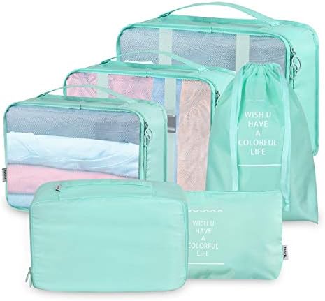 CORESLUX 6 Pieces Travel Packing Cubes, Waterproof Storage Bags with Make Up Bags, Polyester Luggage Organizer for Clothes, Socks, Cosmetics, Bra, Underwear