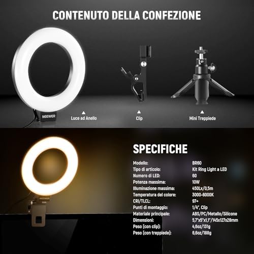 BASICS 5" Ring Light con Mini Treppiede per Videoconferenza da Scrivania, Kit Streaming con Clip per Monitor Webcam Computer Laptop Trucco Selfie Registrazione Video, Panno da Pulizia, BR60