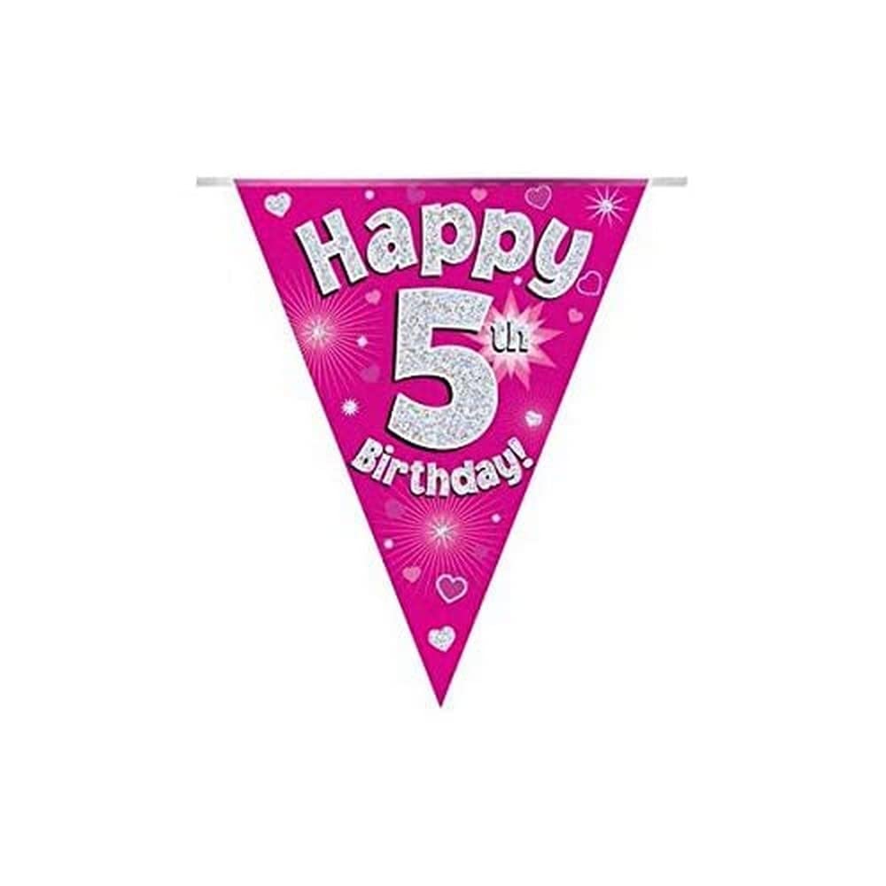 Party Bunting Happy 5th Birthday Pink Holographic 11 flags 3.9m