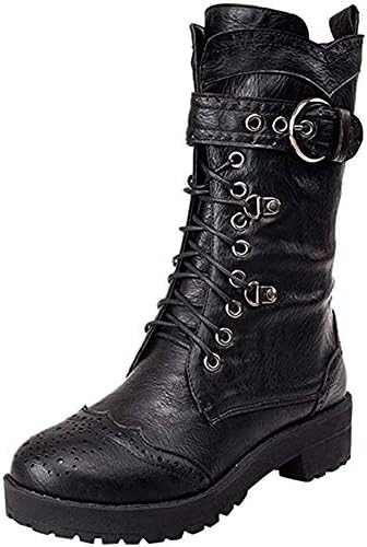 ESSEX GLAM Women's Lace Up Combat Boots | Chunky Low Heel | Knee High Biker Military Style