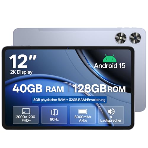 Tablet 12 Zoll, 40GB RAM, 128GB ROM, Unisoc T7280 Octa-Core 2,2GHz, 20W PD