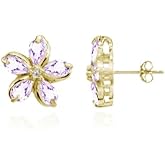 Sterling Silver Amethyst Polished Flower Stud Earrings