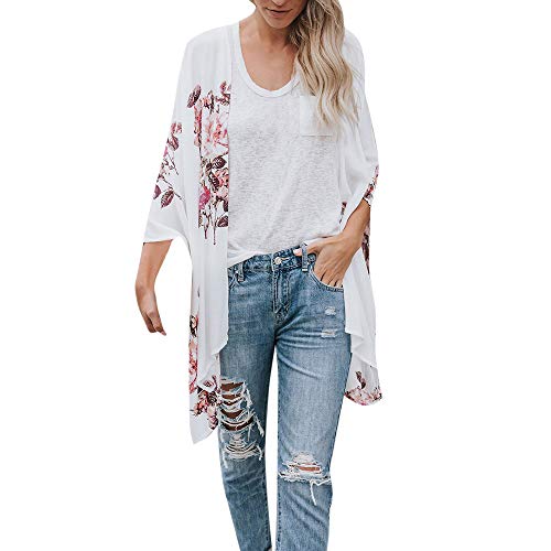 HTDBKDBK Kimono Cardigan for Women Summer Casual Chiffon Shawl Print Kimono Cardigan Top Cover Up Blouse Beachwear White - Thumbnail 7