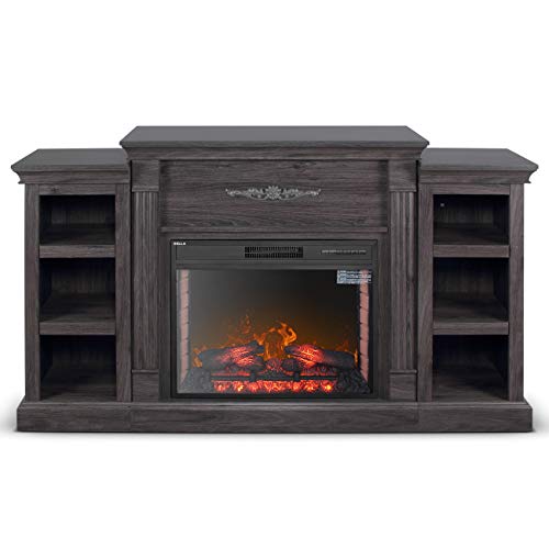 DELLA 1400-Watt Electric Fireplace in Grey with Built-in Bookshelves and an Enhanced Log Display