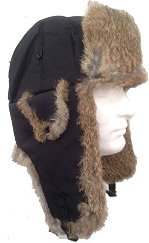 Black Nylon Real Tan Rabbit Fur Trooper Trapper Aviator Hat -XL