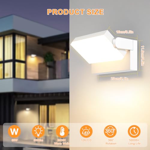 ledmo 60W Outdoor LED Wall Light 360° Modern Adjustable Outdoor Lamps Outdoor LED Spotlight for Terrace Entrance Gardens, White, 126 LEDs, 5000 Lumens, Warm White 3000K, IP65