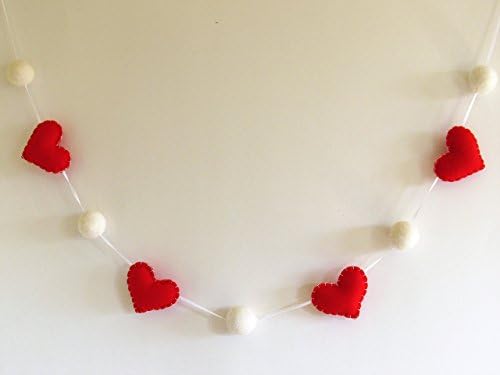 Valentine's day felt heart garland / bunting / banner with white felt balls in red