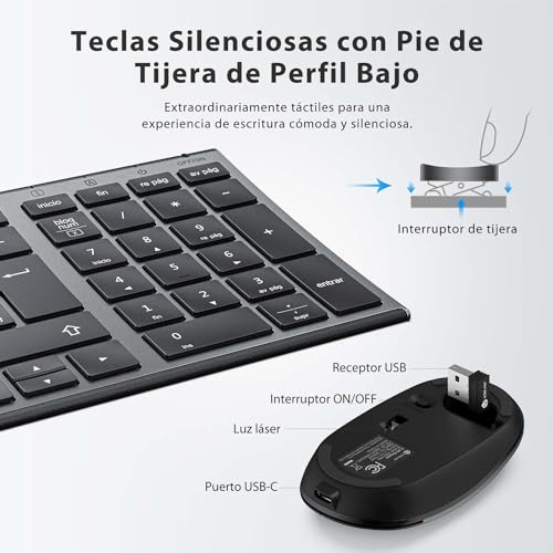 iClever Teclado y Ratón Inalámbrico GK03-QWERTY Español 2.4G Teclado Ratón Inalámbrico Con Batería Recargable, Diseño Ergonómico, Tamaño Compacto, Delgado y Fino, Conexión Estable