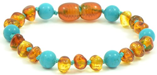 Baltic Amber Teething Bracelet / Anklet {0056} Mixed with Turquoise Beads - 5.5 inches - Amber Jewelry - Hand-Made from Natural Baltic Amber Beads (5.5 inches (14 cm), Cognac / Turquoise (Green))
