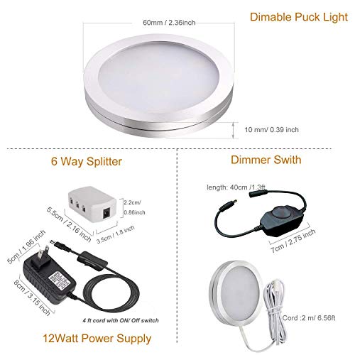Dimmable Puck Lighting - 8W Warm White Kitchen Under Cabinet Lighting - LED Counter Deluxe Kit w/Rotary Dimmer Switch - Continuous Dimming (Warm White, 4 Pack)