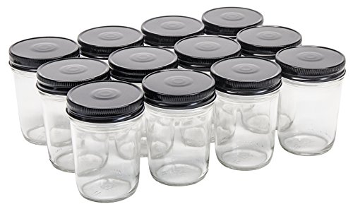 North Mountain Supply 8 Ounce Regular Mouth Tapered Mason Canning Jars - With Black Safety Button Lids - Case of 12