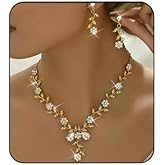 Fyvos Leaf Cluster Flower Crystal Dangle Earrings Necklace Set Dainty Rhinestone Flower Pendant Necklace Earrings Set Trendy Brides Festival Costume Jewelry