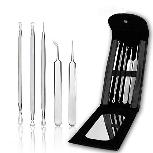 Professional Blackhead and Blemish Remover Kit. 5pcs Blackheads Extractor, Comedone Extractors Blemish Tools Blackhead Remover and Case with Mirror