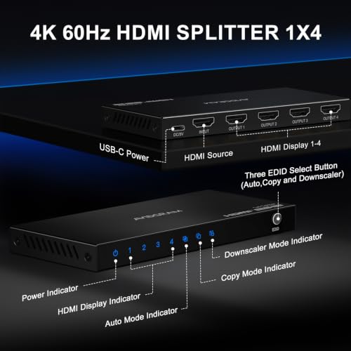 HDMI Splitter 1 in 4 Out 4K 60Hz 4:4:4, AVIDGRAM HDMI Splitter 4 Outputs with Copy, Downscaler and Auto Mode for Dual Identical Display Support 1080p 120Hz HDMI2.0 HDCP 2.2 HDR10 18Gbps 3D for Xbox, PS5