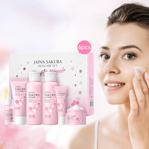 LAIKOU Sakura Skincare Set - 6 PCS Hydrating and Revitalizing Skincare Gift Set for Women, Teens, Moms & Daughters - Deep Cleansing, Anti-Aging, Nourishing, Even Skin Tone Treatment