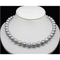 FidgetKute AAA 9-10MM Round South SEA Genuine Gray Pearl Necklace 18" 14K White Gold