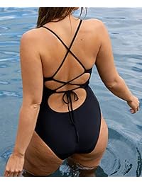 FlatterMe Traje de baño de una pieza para dama, negro, con corbata frontal en V, espalda cruzada, con encaje, traje de baño