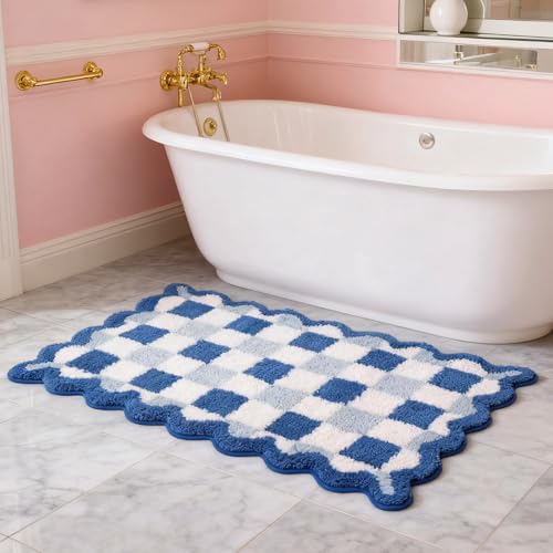 Ortigia Blue Checkered Scalloped Bath Mat