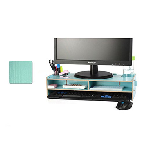 FlashEagle Desktop Monitor Stand Blue Wooden Desktop Monitor Riser and Keyboard Stand Organizer for TV Laptop Desktop Computer