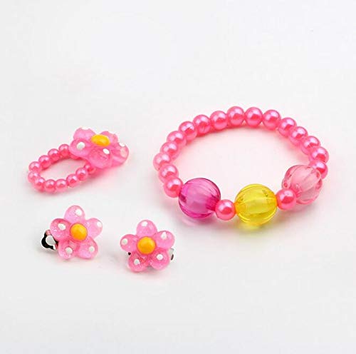 Larcenciel Kids Jewelry Flowers Necklace Bracelet Ring Earring Set Candy Colors Necklaces Children Play Pretend Dress Up (Rose) - Thumbnail 3