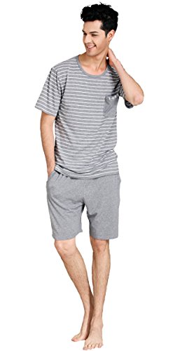 Suntasty Men's Summer Sleepwear Striped Short Sleeve Pajama Shorts and Top Set(Grey,M,1001M)