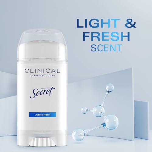 Secret Clinical Strength Antiperspirant Deodorant for Women, 3X Stress Protection, 72hr Sweat & Odor Protection, PH Balancing Minerals, Soft Solid, Light & Fresh Scent, 2.6 oz