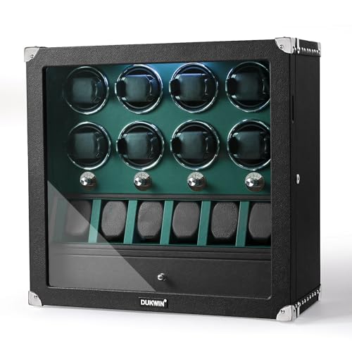 DUKWIN Watch Winder for 2/4/6/8 Automatic Watches with Key Lock, 3/6 Extra Watch Storages,4 Rotation Modes, LED Light, Super Quiet Motor, Spring Watch Pillows for Men＆Women