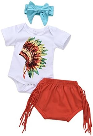 INHoney Baby Boy Girl Indian Print Short Sleeve Romper Bodysuit + Solid Red Tassel Shorts + Bowknot Headband Outfit Set (12-18 Months, True White)