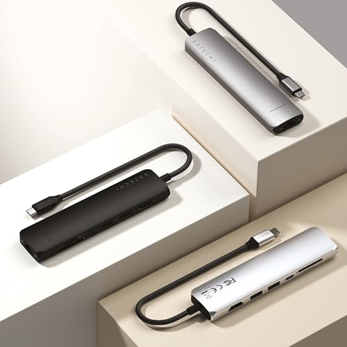 Satechi 7 in 1 USB C Hub Slim Plus Multiport Adapter with Ethernet, Charge PD 100W, HDMI 4K@60Hz, 2X USB-A 10Gbps and SD/microSD Ports for MacBook Air/Pro/Neo, Laptop and More - Grey