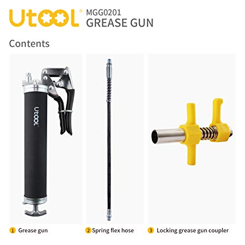 UTOOL Grease Gun with Locking Grease Gun Coupler, 7000 PSI Heavy Duty Pistol Grip Grease Gun Set with 14 oz Load, 18 Inch Spring Flex Hose Included