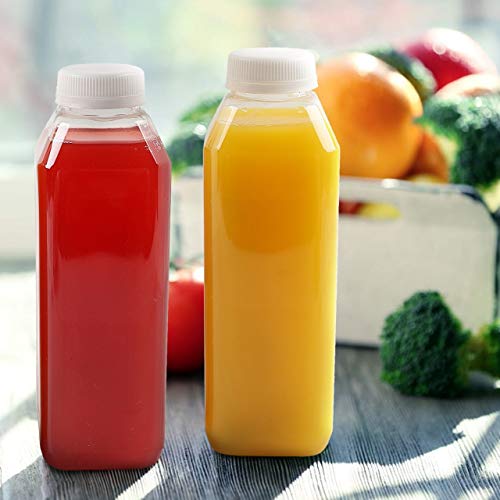 Plastic Juice Bottles, 10 Pack Food Grade BPA Free Empty Square Milk Containers, Great For Storing Homemade Juices, Milk, Beverages, With Tamper Evident Caps. (12 Oz)