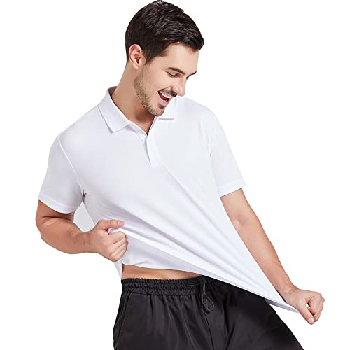 CASEI MEN’S POLO SHIRTS SHORT SLEEVE T SHIRTS QUICK DRY PERFORMANCE TACTICAL SHIRTS MOISTURE WICKING GOLF SHIRT（WHITE,XL）