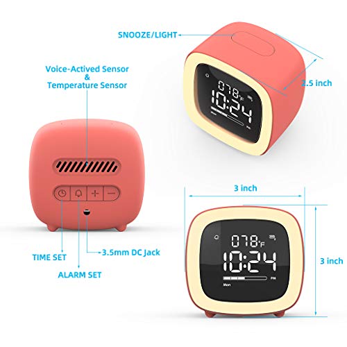 Kids Alarm Clock, Cute-TV Night Light Alarm Clock for Kids, Girls, Children, Bedroom, Rechargeable Battery Operated Alarm Clock with Sleep Timer, Indoor Thermometer - Living Coral - Thumbnail 5