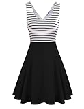 MISSKY Women's Open Back Sleeveless Sexy Hollow out Slim Fit Black White Stripe Casual Cocktail Cute Mini Swing Dress