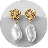 SWEETV Baroque Pearl Drop Earrings for Women, Floral Pearl Wedding Earrings for Brides, Bridal Dangle Earrings for Women Prom Party Jewelry Gifts